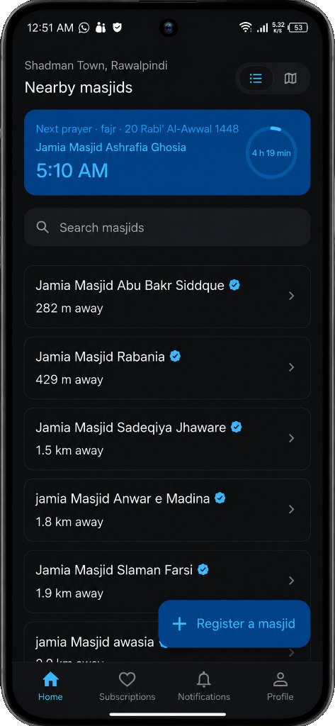 Mihrab mobile app showing nearby masjid prayer times