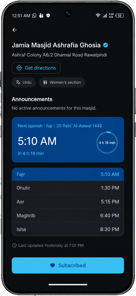 Masjid details and iqamah timings screen