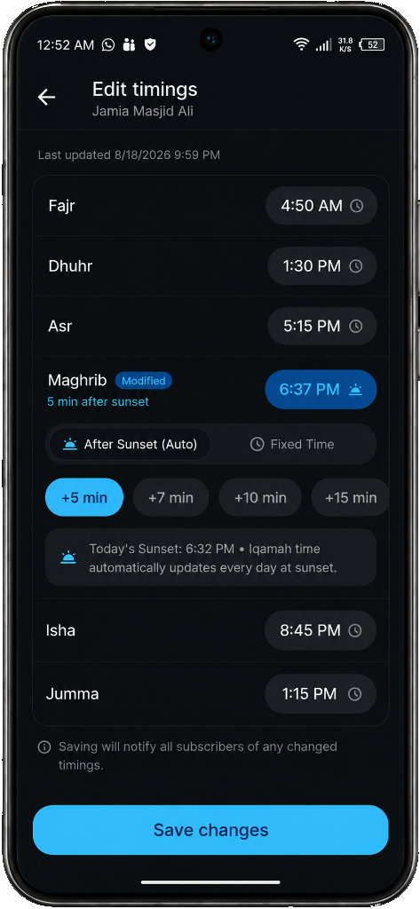 Mihrab admin timing editor screen
